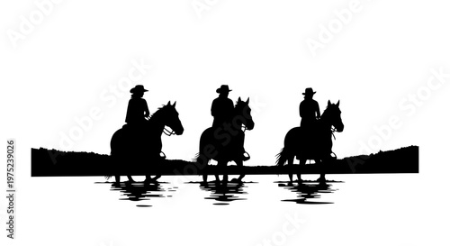 Silhouette of three riders on horseback crossing water