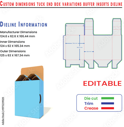 Custom dimensions tuck end box variations buffer inserts dieline , Packaging box dieline template with dimensions and editable text vector illustration.