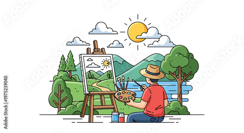 Artist Painting a Mountain Landscape on Canvas Outdoors Illustration