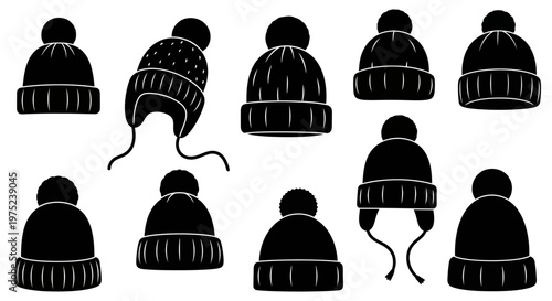 Collection of Winter Beanie Hat Silhouettes with Pom-Poms