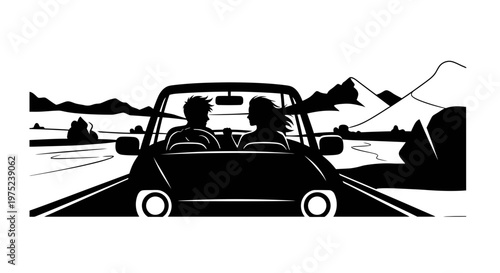 Silhouette of couple driving on road trip towards mountains
