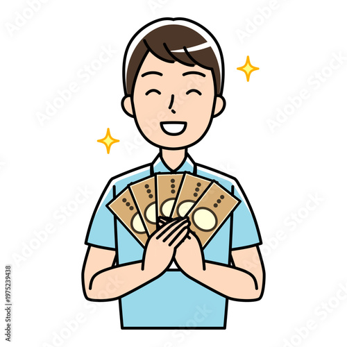 お札を持っている笑顔の男性（ポロシャツ姿）