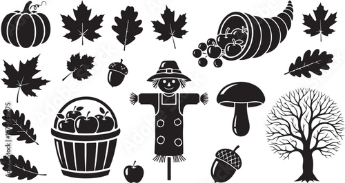 Black and white autumn icons and symbols illustration set