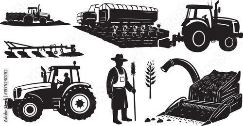 Agricultural vehicles and farmer in a rural setting illustration