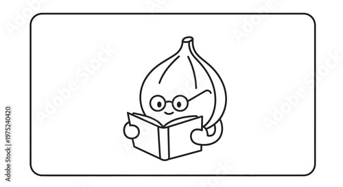 Cute Onion Character Reading a Book, Wearing Glasses, Black and White Line Art