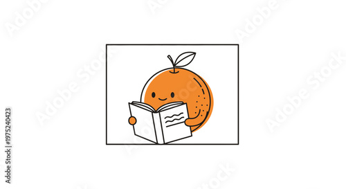 Cute Orange Character Reading a Book, Funny Fruit Illustration, Education Concept