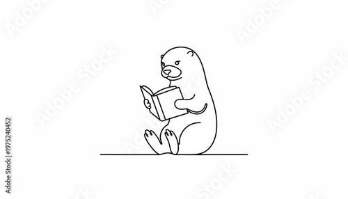Cute Otter Reading a Book, Sitting on a Line, Black and White Line Art