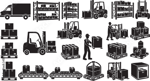 Warehouse and logistics icons set with forklifts and workers