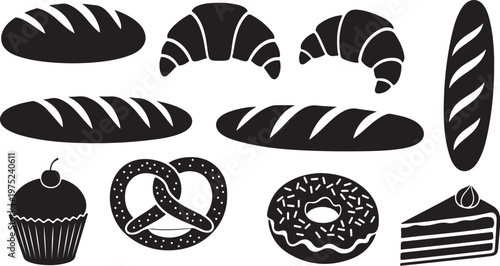 Variety of baked goods and desserts icons in black