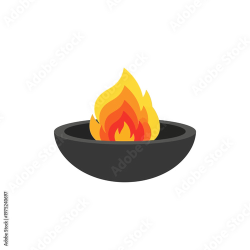 Vibrant flat color illustration of a ceremonial fire burning brightly in a dark stone bowl, symbolizing warmth, tradition, and ritual energy in a clean design