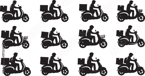 Delivery riders on scooters with boxes in black silhouette