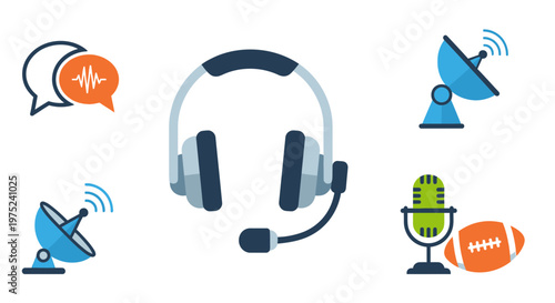 Communication and Broadcasting Icons: Headset, Microphone, Satellite Dishes, Speech Bubbles, Football
