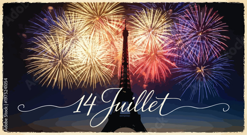 Bastille Day fireworks display at the Eiffel Tower in Paris France.