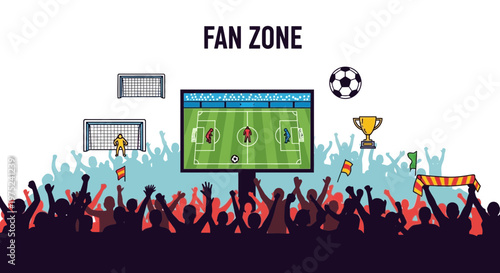 Football Fan Zone Crowd Cheering Watching Soccer Match on Big Screen TV