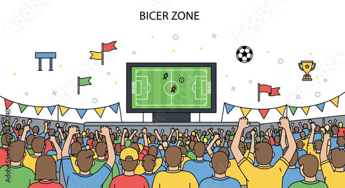 Football fans cheering at stadium, watching match on big screen, festive atmosphere