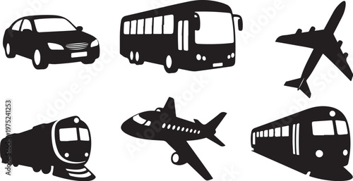 Transportation modes icons set with vehicles and airplanes symbols