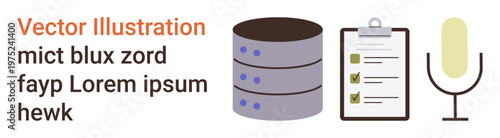 Data management, task organization, technology, communication, information systems, productivity. a database, checklist and microphone. Data management and task organization concept