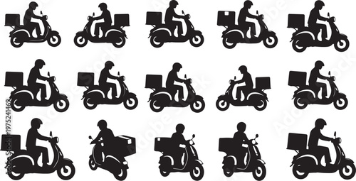 Delivery riders on scooters with boxes in black silhouette