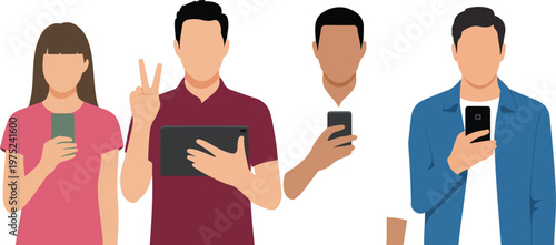 Minimalist illustration of people using smartphone and tablet modern flat communication technology vector design