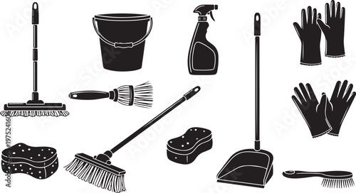 Cleaning supplies and tools for household chores and maintenance