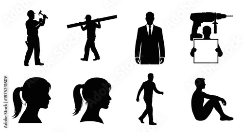 Diverse People Silhouettes: Construction Workers, Businessman, and Everyday Life Glyph Icons