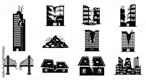 Architecture Disaster Damage Glyph Icons - Ruined Buildings  Collapsed Structures Set