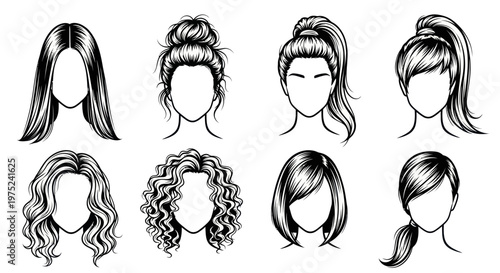 Beauty Fashion Women Hairstyles Set Black White Line Art Vector Haircuts