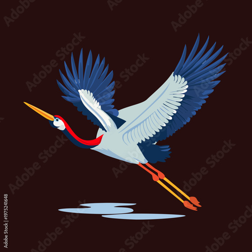 Blue crane soaring with wings spread for calm nature designs and peaceful wildlife illustrations and professional animal branding and logo design elements and art