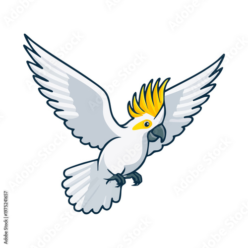White cockatoo with a yellow crest flying with wings spread for tropical nature designs and exotic wildlife illustrations and professional animal branding and art