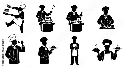 Food Industry Chefs Cooking Silhouettes Icon Set. Culinary Professional Kitchen Glyphs