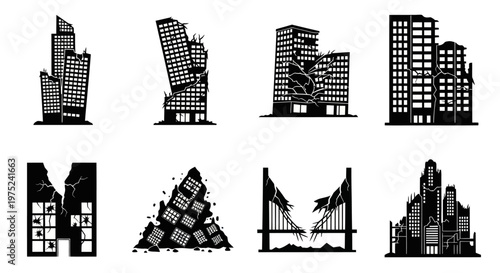 Disaster City Ruins Black White Glyphs: Destroyed Buildings, Collapsed Bridge Vector Icons