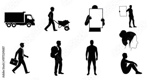 Human Life  Occupations Black Silhouette Vector Icons: People, Worker, Business, Truck, Signs