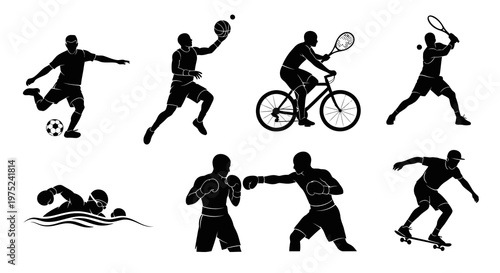 Diverse Sports Athletes Black and White Glyph Vector Silhouettes Set