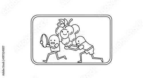 Two cartoon characters running with a bunch of grapes, one carrying a shield