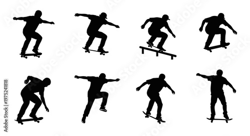 Skateboarding Silhouettes Vector Set: Dynamic Skateboarders in Extreme Sports  Youth Culture