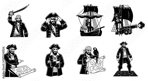Pirate Adventure Characters and Maritime Elements Black  White Vector Illustration Set