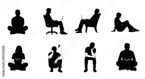 People Learning, Working, Thinking Silhouettes - Black  White Vector Icons for Education  Business