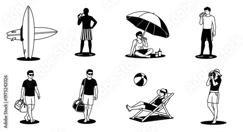 Summer Beach Vacation People Activities Icons Black  White Line Art Set