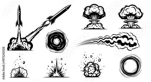 Action  Military Black  White Line Art: Explosions, Rockets, Smoke  Impact Burst Elements