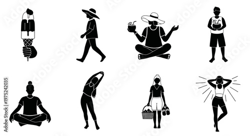 Summer Vacation and Wellness Black  White Glyph Icons Set for Leisure Activities