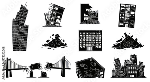 Disaster  Emergency: Damaged Buildings and Bridge Black  White Line Art Vector