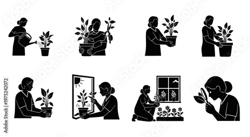 Gardening and Plant Care Glyph Icons Set with People Tending to Potted Plants Silhouettes
