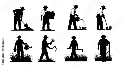 Black  White Silhouette Farmers  Gardeners with Agriculture Tools Vector Set