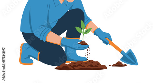 Flat Vector Art of Person Gardening and Planting Seedling with Shovel