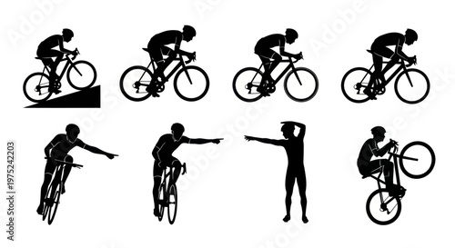 Dynamic Cycling  Athlete Silhouettes Vector - Road Bikes, Riders, Sports Poses Black  White Graphic