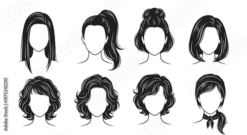 Beauty Fashion Women's Hairstyles Vector Set - Black and White Line Art Haircuts