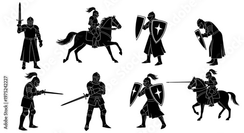 Medieval Knights and Warriors in Black  White Silhouette Glyphs Vector Collection
