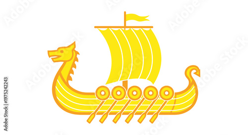 Golden Viking Ship Illustration with Dragon Head and Sail
