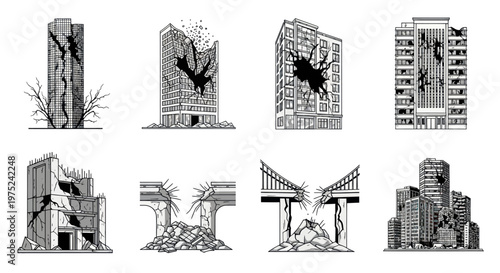 Disaster  Emergency Vector Set: Destroyed Buildings  Bridge Black  White Line Art
