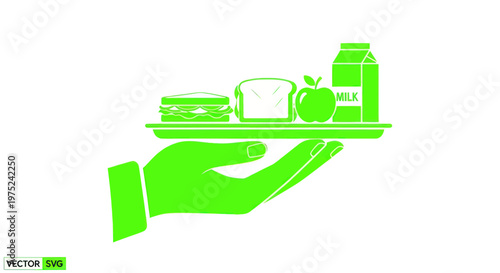 Hand holding tray with healthy lunch: sandwich, apple, and milk carton